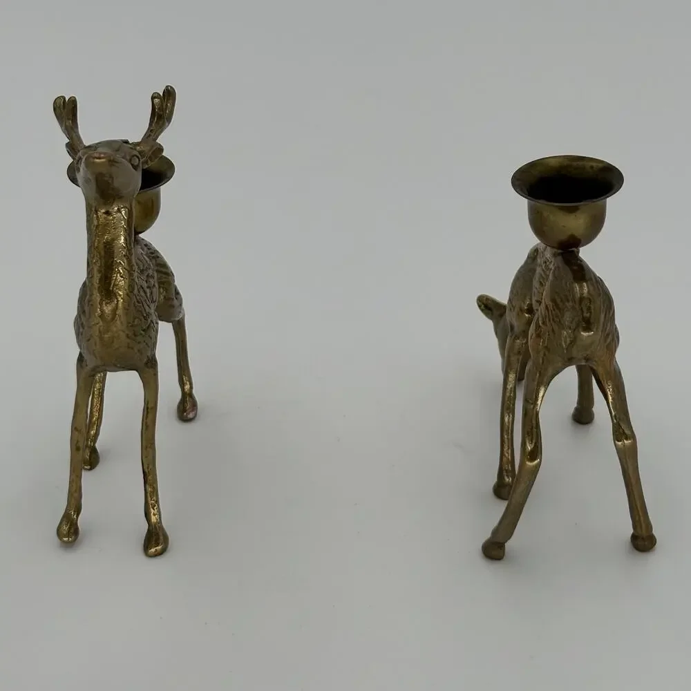 Solid Brass Stag Buck and Doe Candlestick Holders Vintage Holiday Figurines